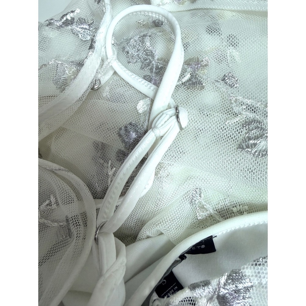 White House Black Market Mesh Top Womens S White NWOT Purple Floral Embroidered - Picture 8 of 11